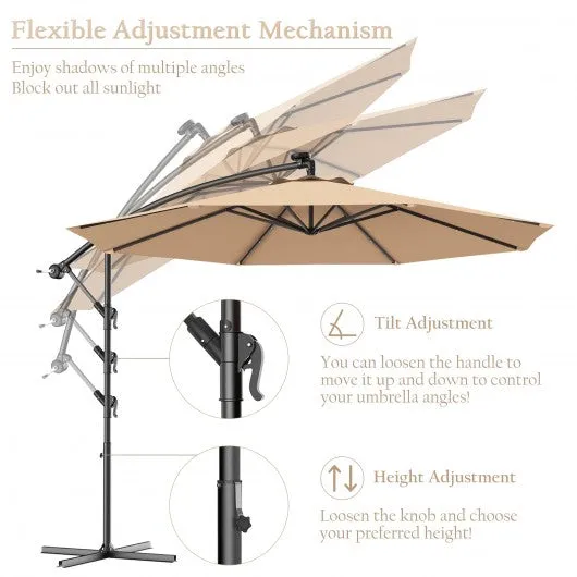 10 Inch Patio Hanging Solar LED Umbrella Sun Shade with Cross Base-Beige