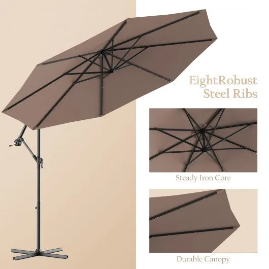 10 Inch Patio Hanging Solar LED Umbrella Sun Shade with Cross Base-Tan