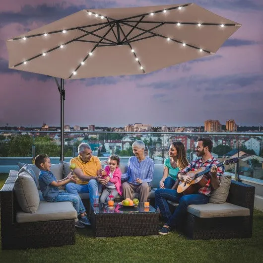 10 Inch Patio Hanging Solar LED Umbrella Sun Shade with Cross Base-Tan
