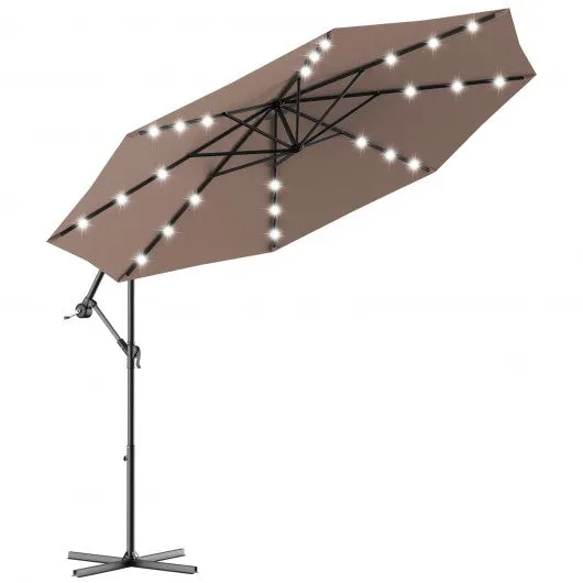 10 Inch Patio Hanging Solar LED Umbrella Sun Shade with Cross Base-Tan