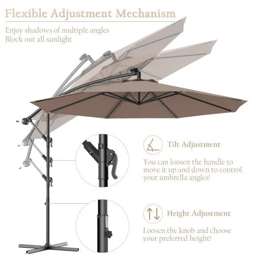 10 Inch Patio Hanging Solar LED Umbrella Sun Shade with Cross Base-Tan