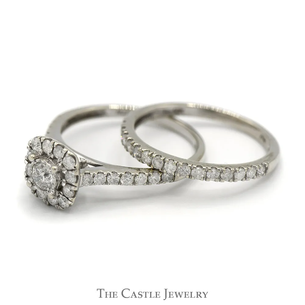 1cttw Round Illusion Set Diamond Bridal Set with Halo and Matching Band in 10k White Gold
