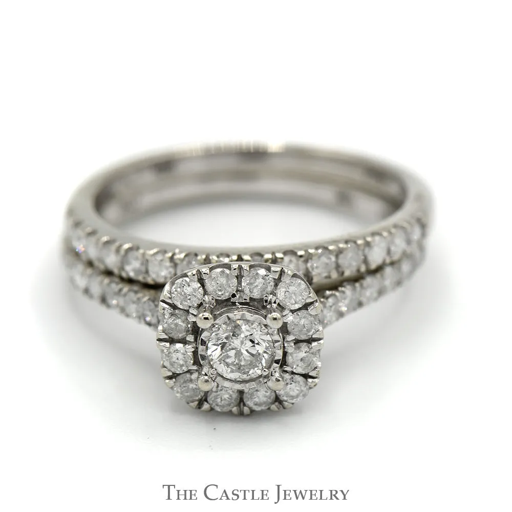 1cttw Round Illusion Set Diamond Bridal Set with Halo and Matching Band in 10k White Gold