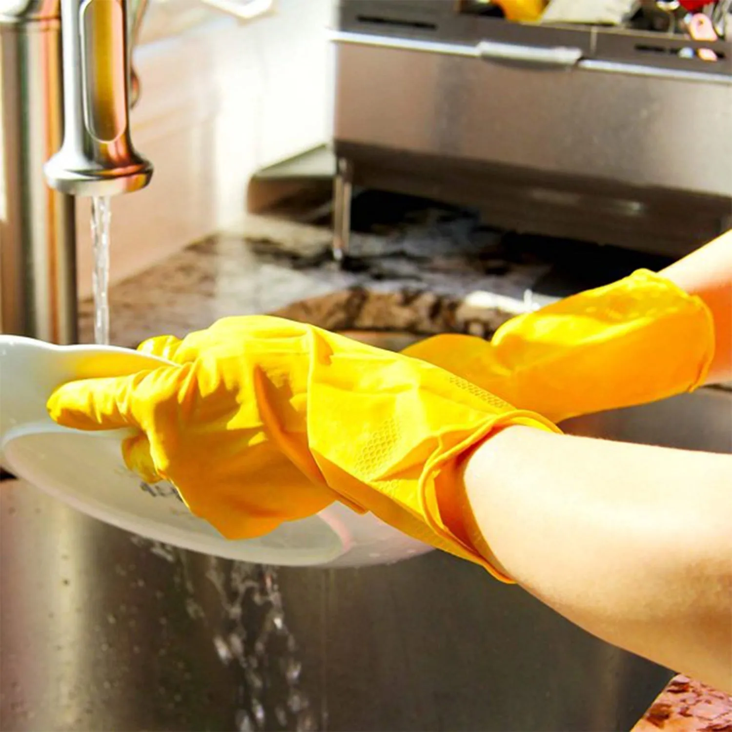 2 pair med yellow gloves For Types Of Purposes Like Washing Utensils, Gardening And Cleaning Toilet Etc.
