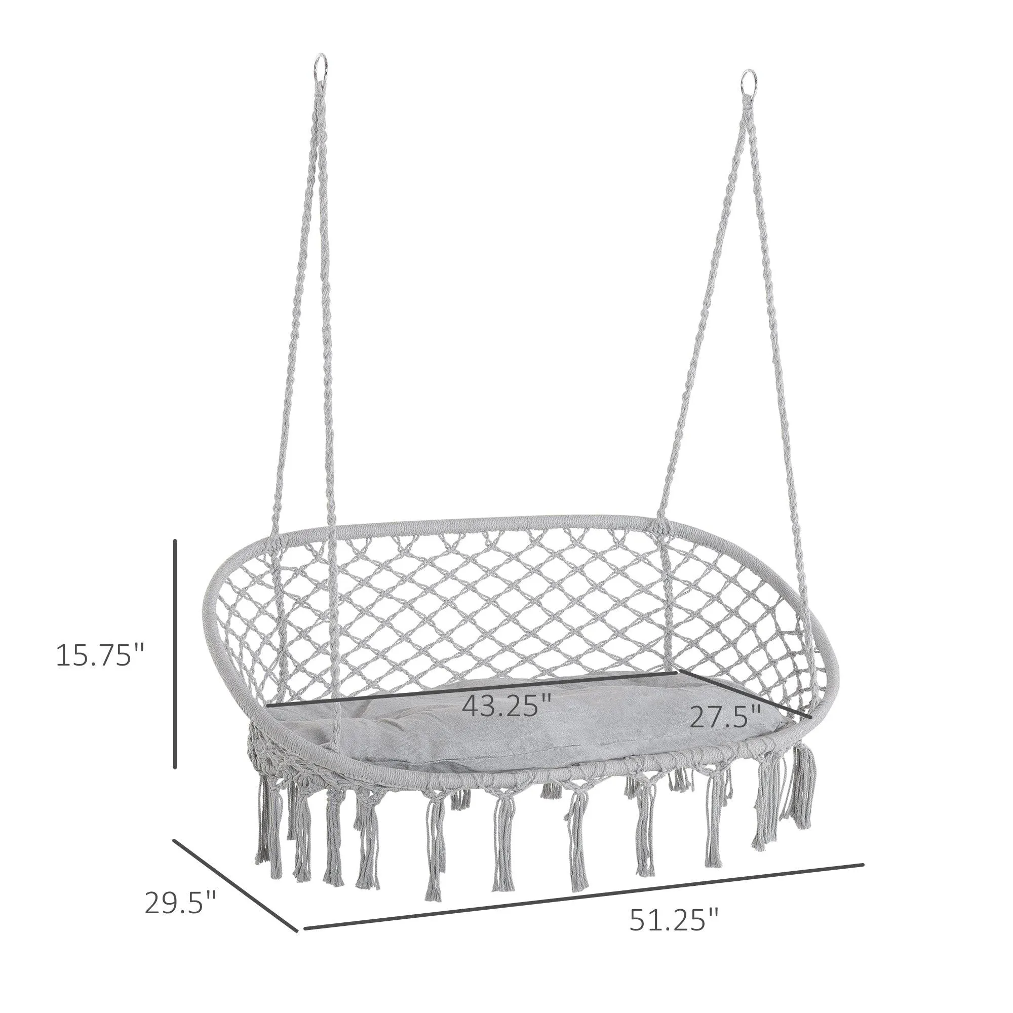 2-Person Macrame Hammock Chair with Cushion, Hanging Cotton Rope, Grey