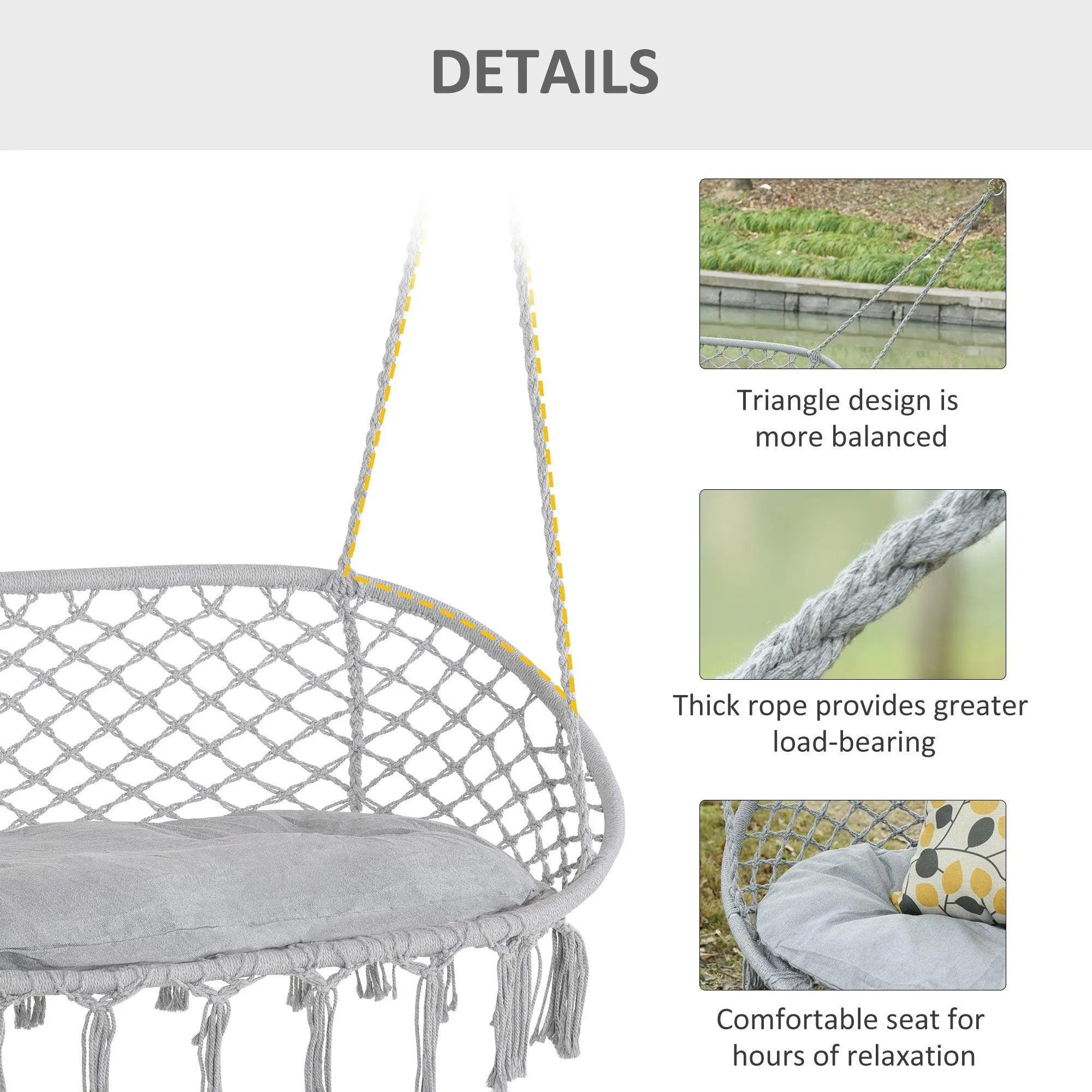 2-Person Macrame Hammock Chair with Cushion, Hanging Cotton Rope, Grey
