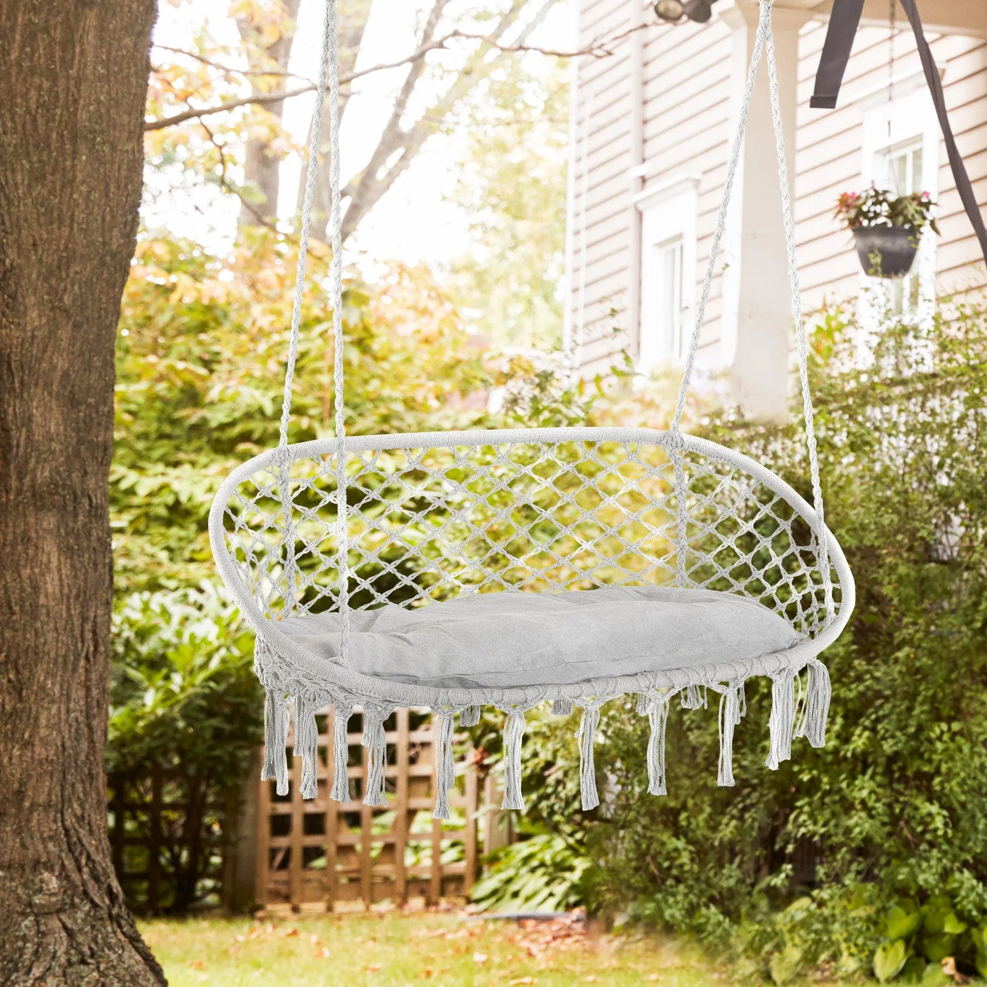 2-Person Macrame Hammock Chair with Cushion, Hanging Cotton Rope, Grey