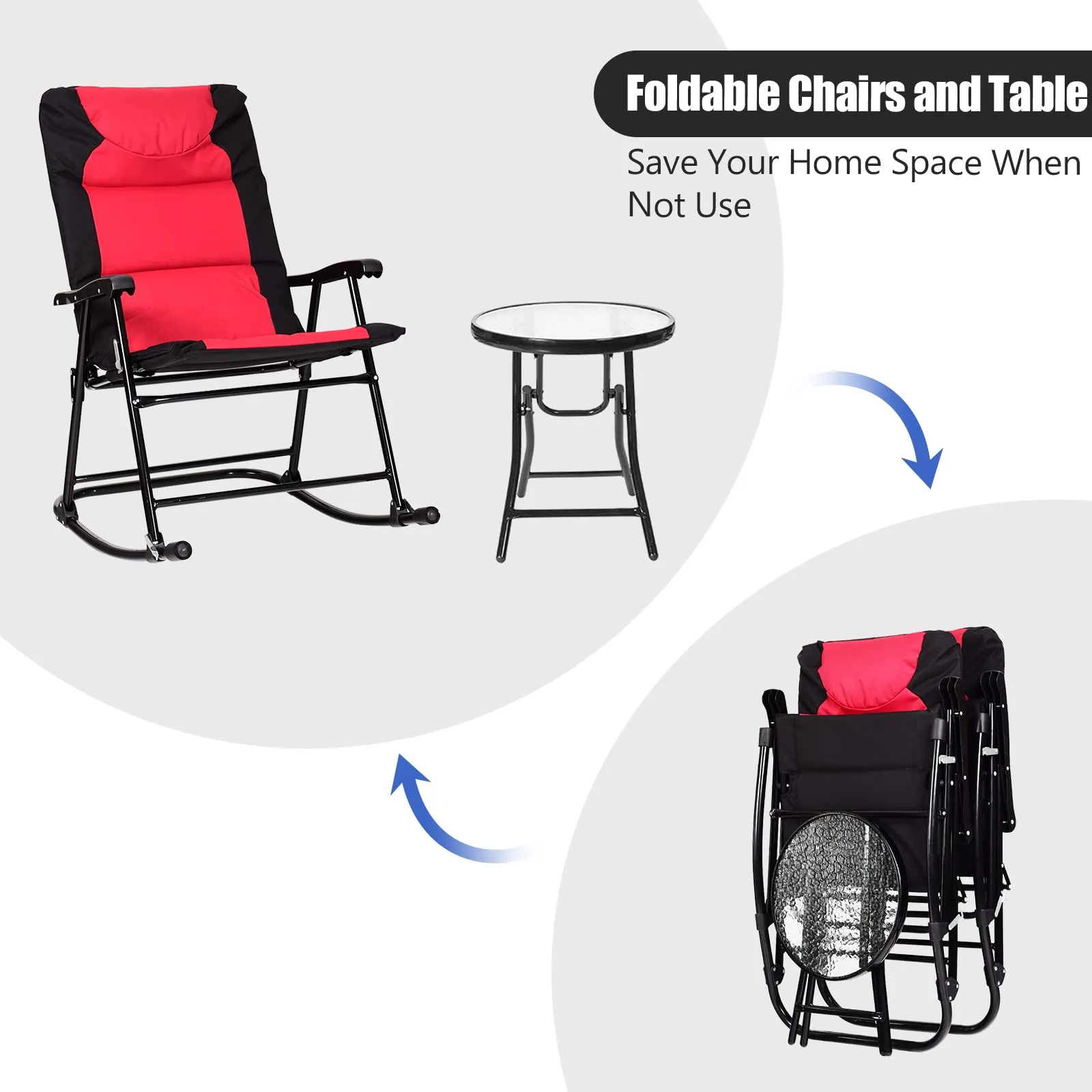 3 Pieces Folding Bistro Set, Outdoor Rocking Chairs with Round Table Set