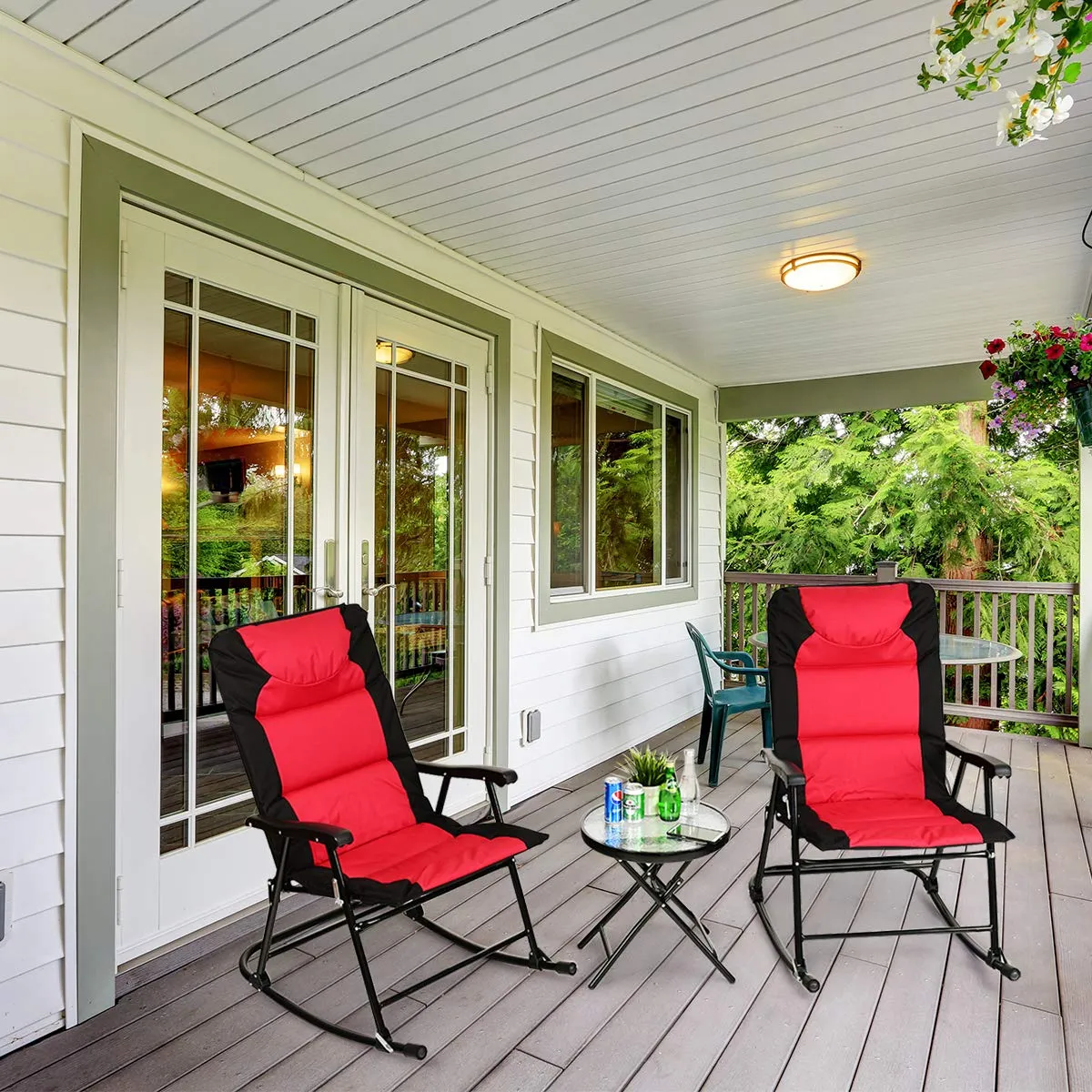 3 Pieces Folding Bistro Set, Outdoor Rocking Chairs with Round Table Set