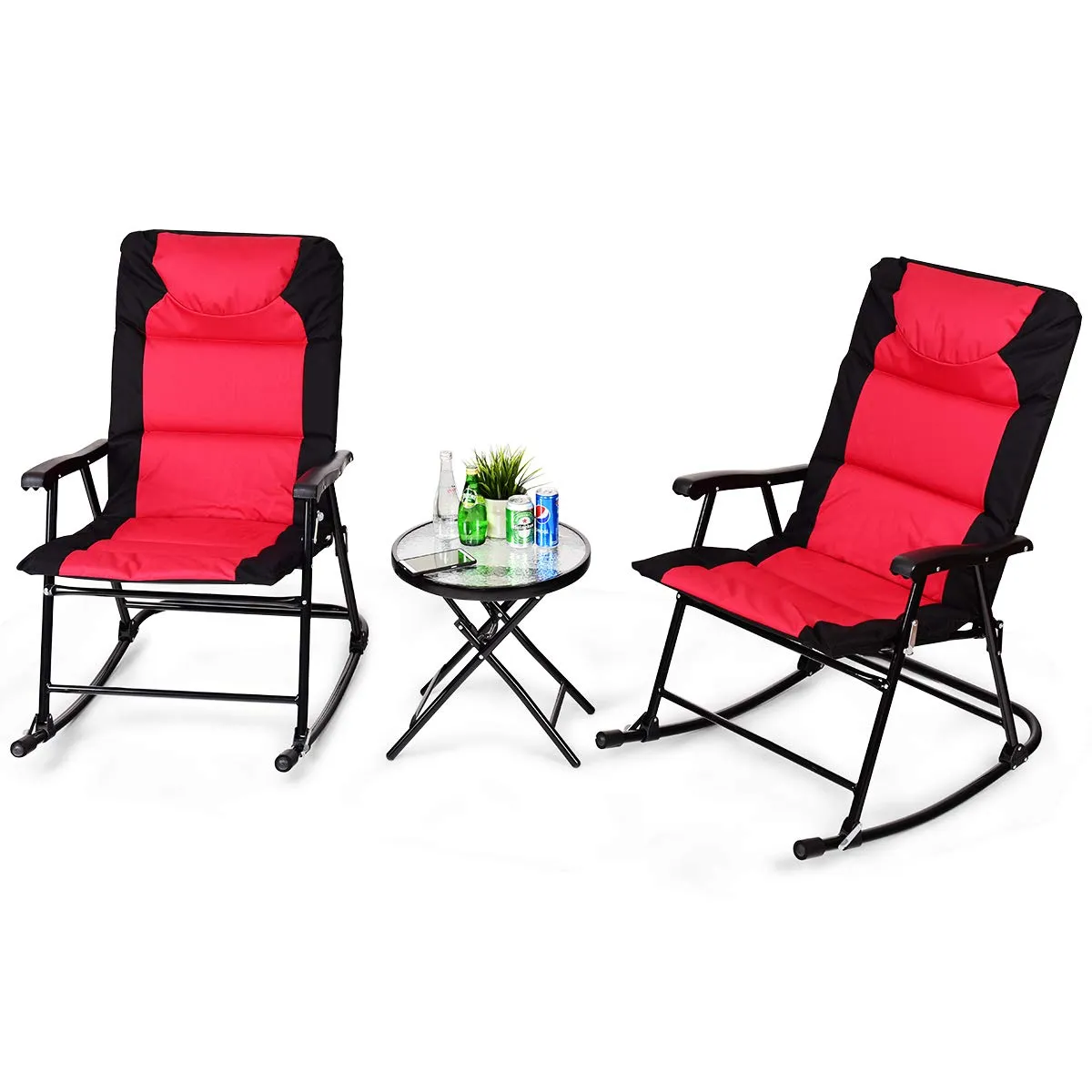 3 Pieces Folding Bistro Set, Outdoor Rocking Chairs with Round Table Set