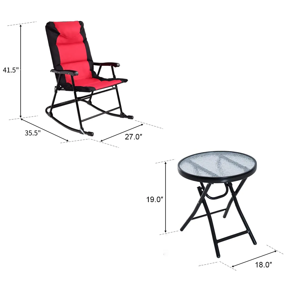 3 Pieces Folding Bistro Set, Outdoor Rocking Chairs with Round Table Set