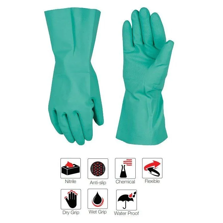 330mm 13'' Chemical resistant green nitrile diamond grip cotton lined nitrile gloves Abrasion-Lv4