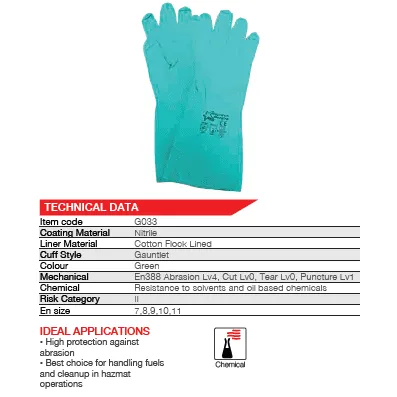 330mm 13'' Chemical resistant green nitrile diamond grip cotton lined nitrile gloves Abrasion-Lv4