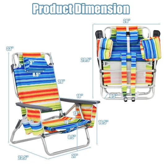 4-Pack 5-Position Outdoor Folding Backpack Beach Reclining Chair with Pillow-Yellow