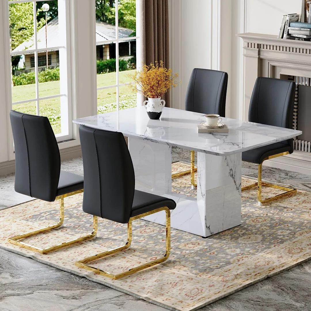 63"X35.4" White Marble-Patterned Dining Table Set   4 Black PU Chairs, Gold Metal Legs. Modern Stylish Design.