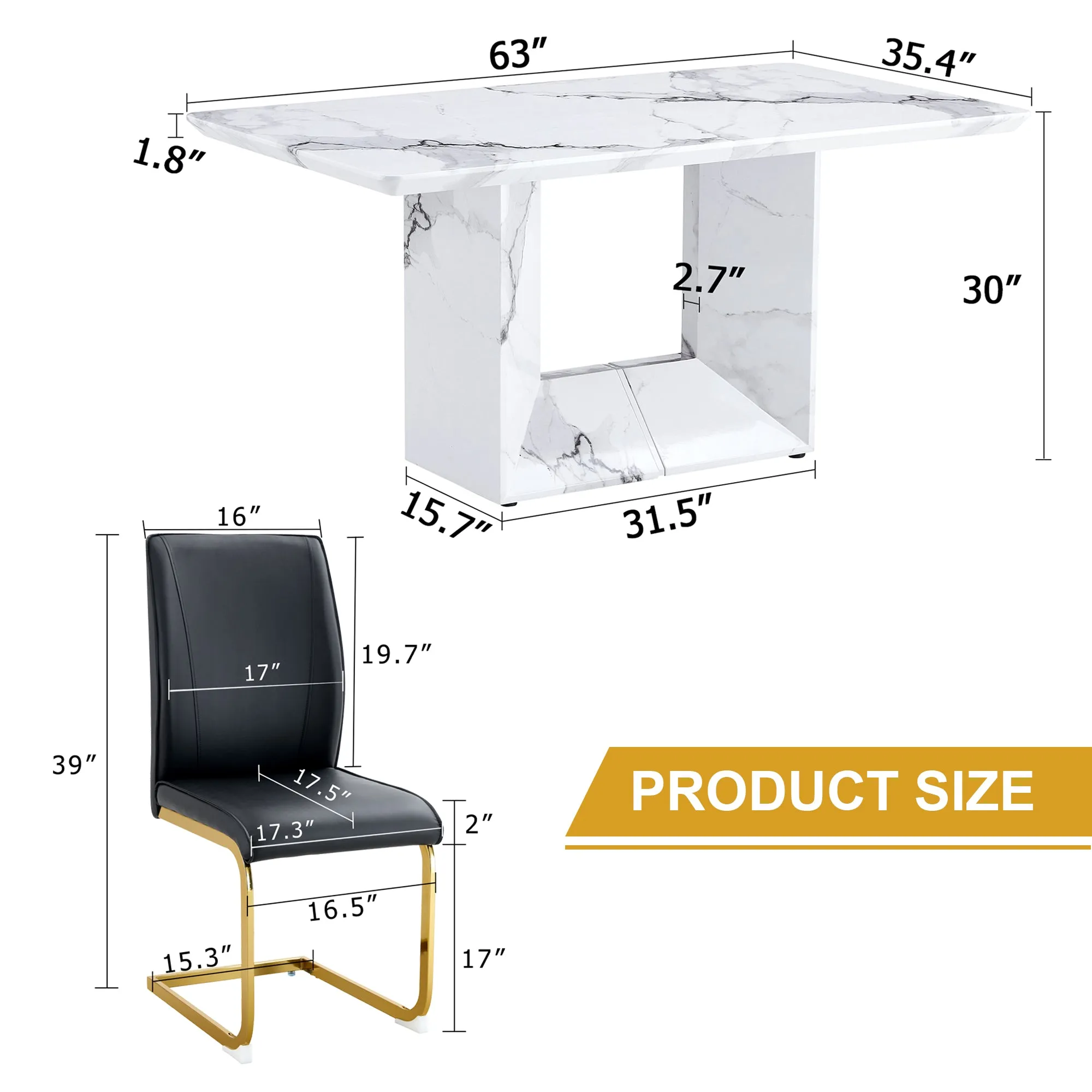 63"X35.4" White Marble-Patterned Dining Table Set   4 Black PU Chairs, Gold Metal Legs. Modern Stylish Design.