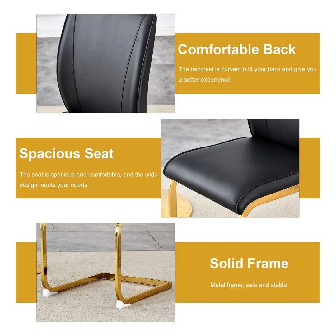 63"X35.4" White Marble-Patterned Dining Table Set   4 Black PU Chairs, Gold Metal Legs. Modern Stylish Design.