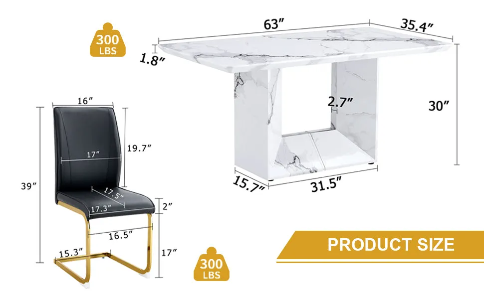 63"X35.4" White Marble-Patterned Dining Table Set   4 Black PU Chairs, Gold Metal Legs. Modern Stylish Design.
