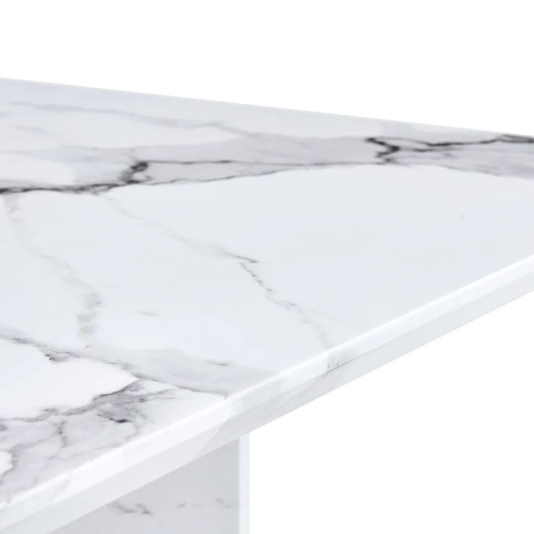 63"X35.4" White Marble-Patterned Dining Table Set   4 Black PU Chairs, Gold Metal Legs. Modern Stylish Design.