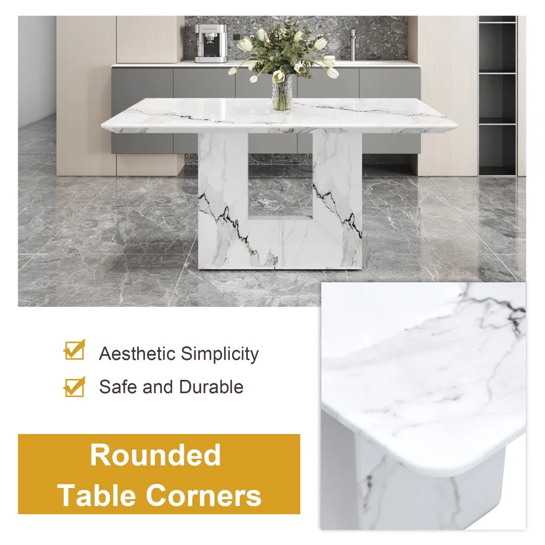 63"X35.4" White Marble-Patterned Dining Table Set   4 Black PU Chairs, Gold Metal Legs. Modern Stylish Design.