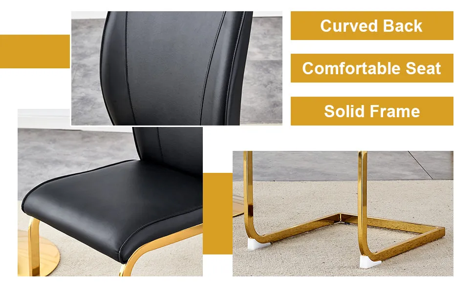 63"X35.4" White Marble-Patterned Dining Table Set   4 Black PU Chairs, Gold Metal Legs. Modern Stylish Design.