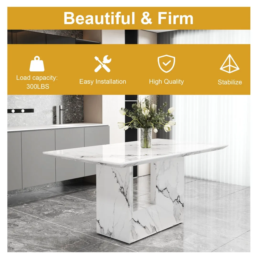 63"X35.4" White Marble-Patterned Dining Table Set   4 Black PU Chairs, Gold Metal Legs. Modern Stylish Design.