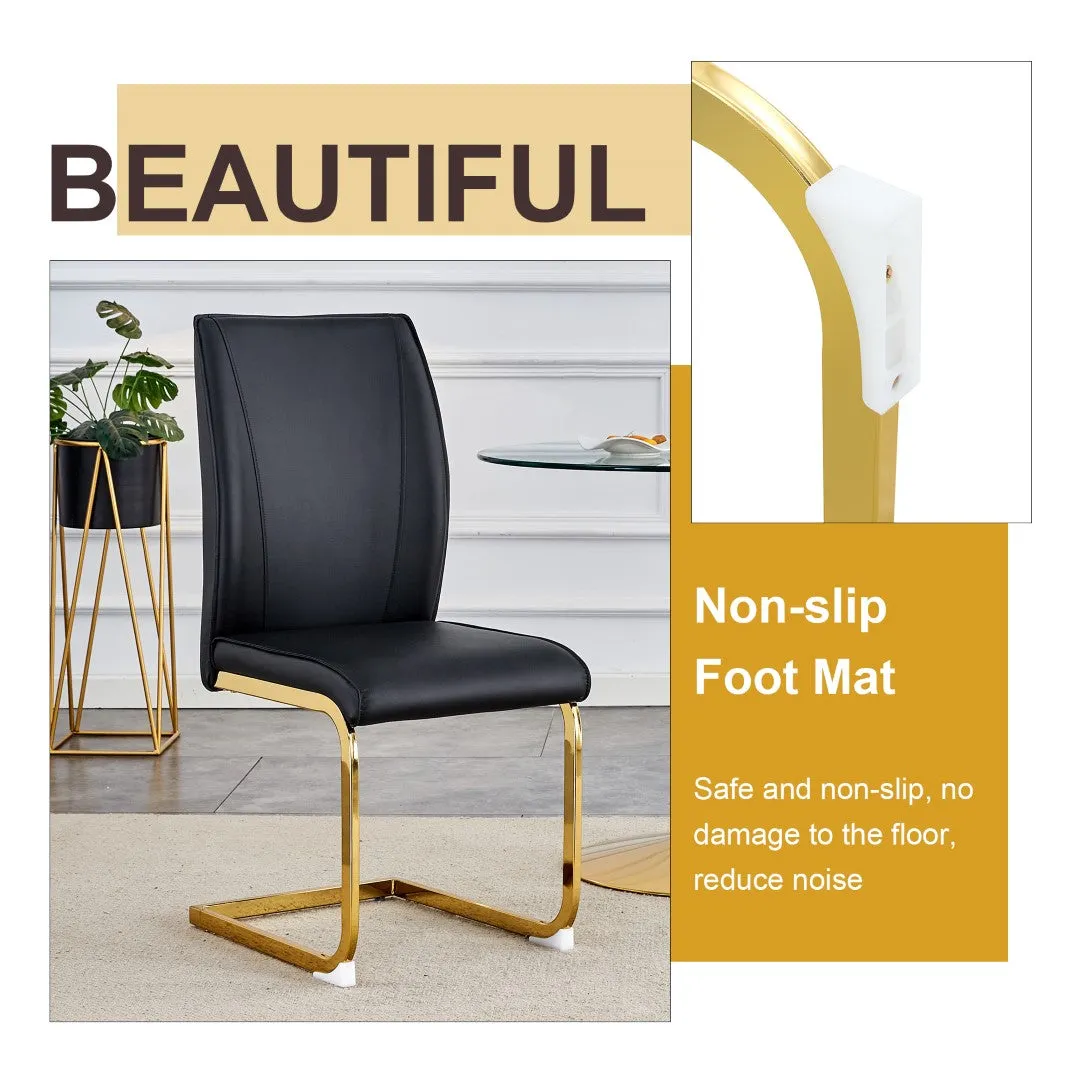 63"X35.4" White Marble-Patterned Dining Table Set   4 Black PU Chairs, Gold Metal Legs. Modern Stylish Design.