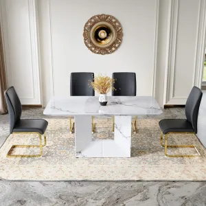 63"X35.4" White Marble-Patterned Dining Table Set   4 Black PU Chairs, Gold Metal Legs. Modern Stylish Design.