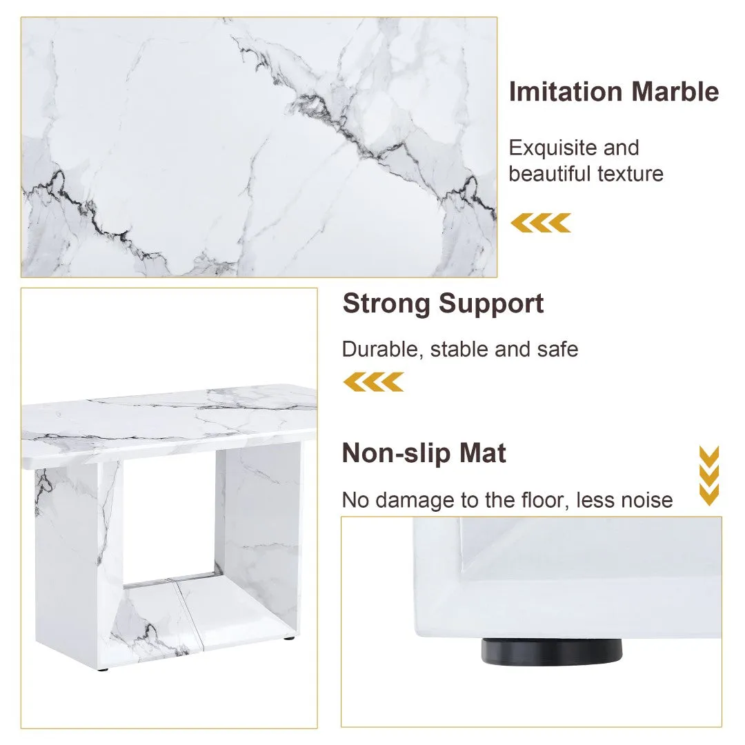 63"X35.4" White Marble-Patterned Dining Table Set   4 Black PU Chairs, Gold Metal Legs. Modern Stylish Design.