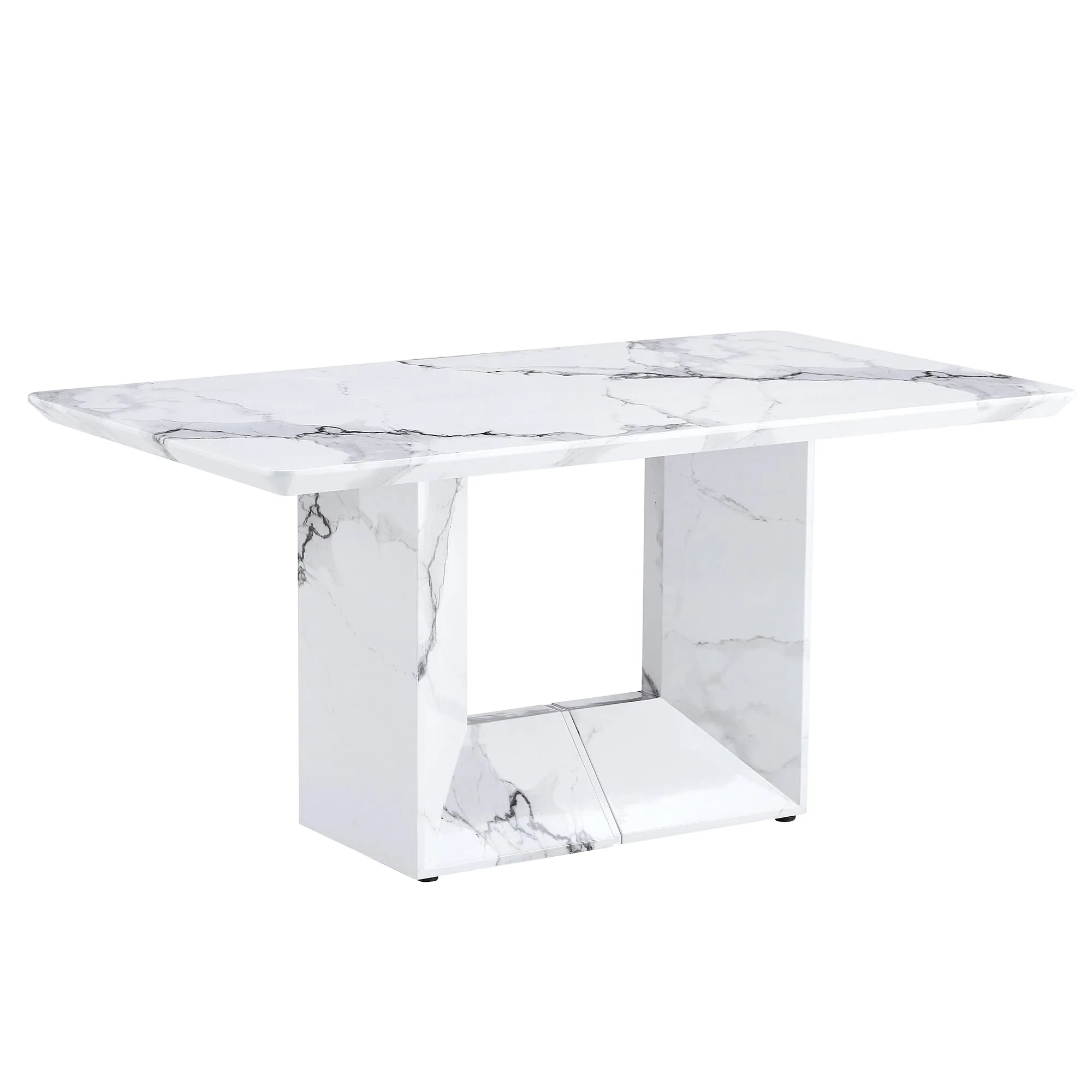 63"X35.4" White Marble-Patterned Dining Table Set   4 Black PU Chairs, Gold Metal Legs. Modern Stylish Design.