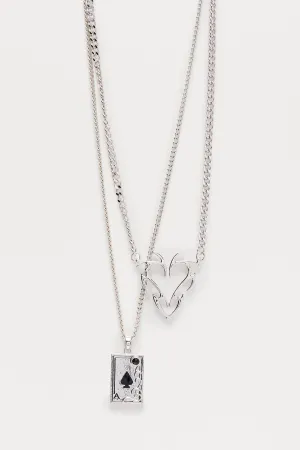 Ace Of Spades 2 Piece Necklace Set - Silver