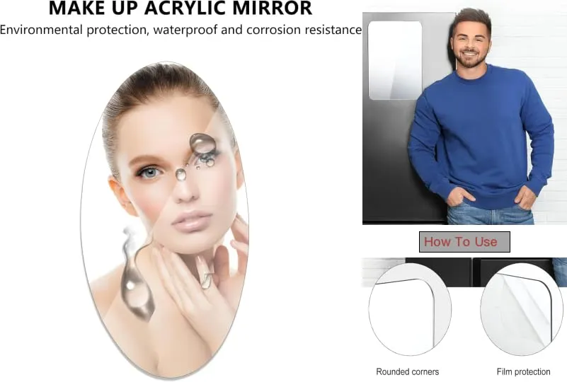 Adhesive Mirror Sticker In The Oval Shape For Use On Walls Bathrooms, Bedrooms, Living Rooms, And Basins; Durable Plastic Wall Mirror, Silver