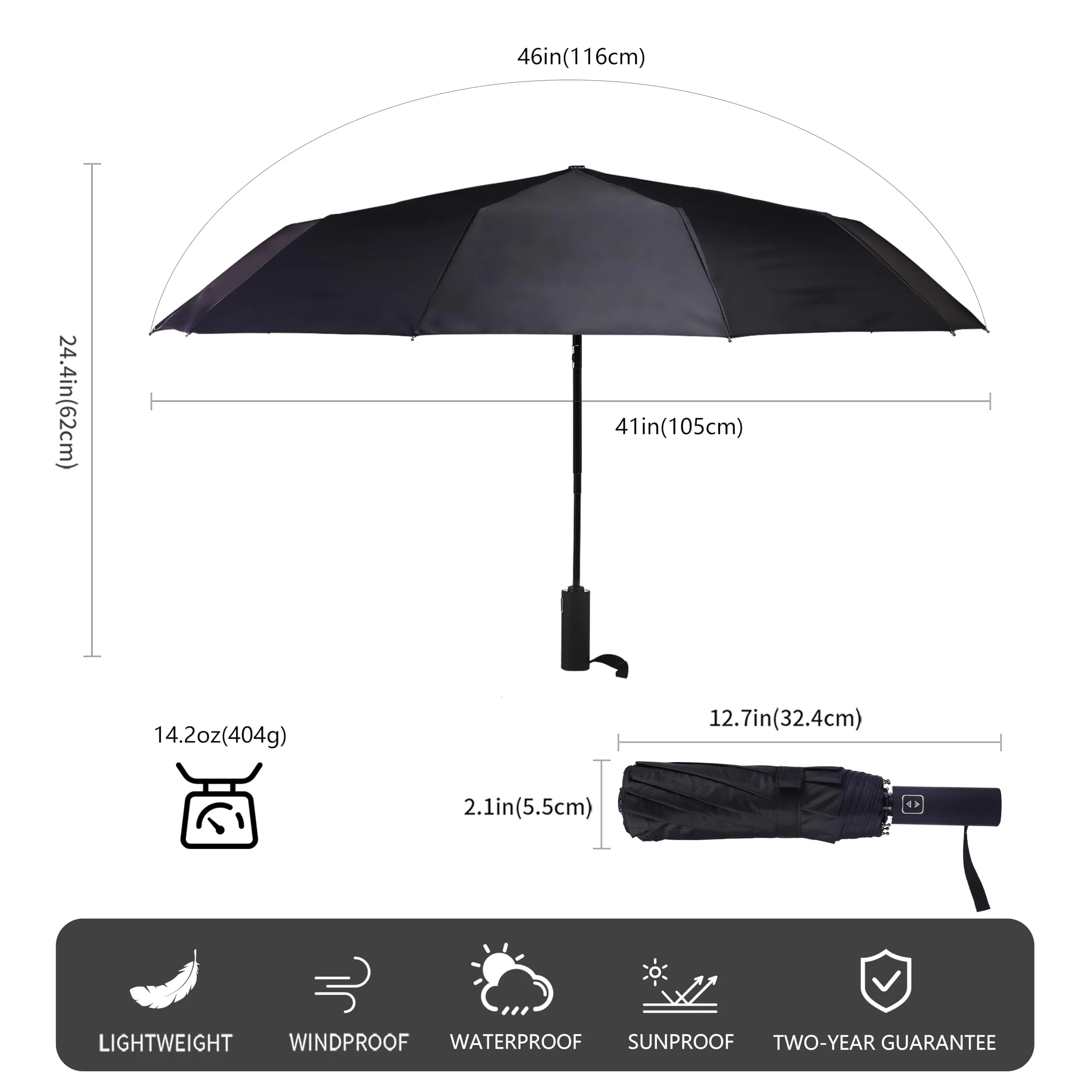 Bluinzi Double 10-Rib Compact Travel Umbrella for Rain and Sun - 46 Inch Small Automatic Folding Umbrella - Sturdy Portable Windproof Umbrella