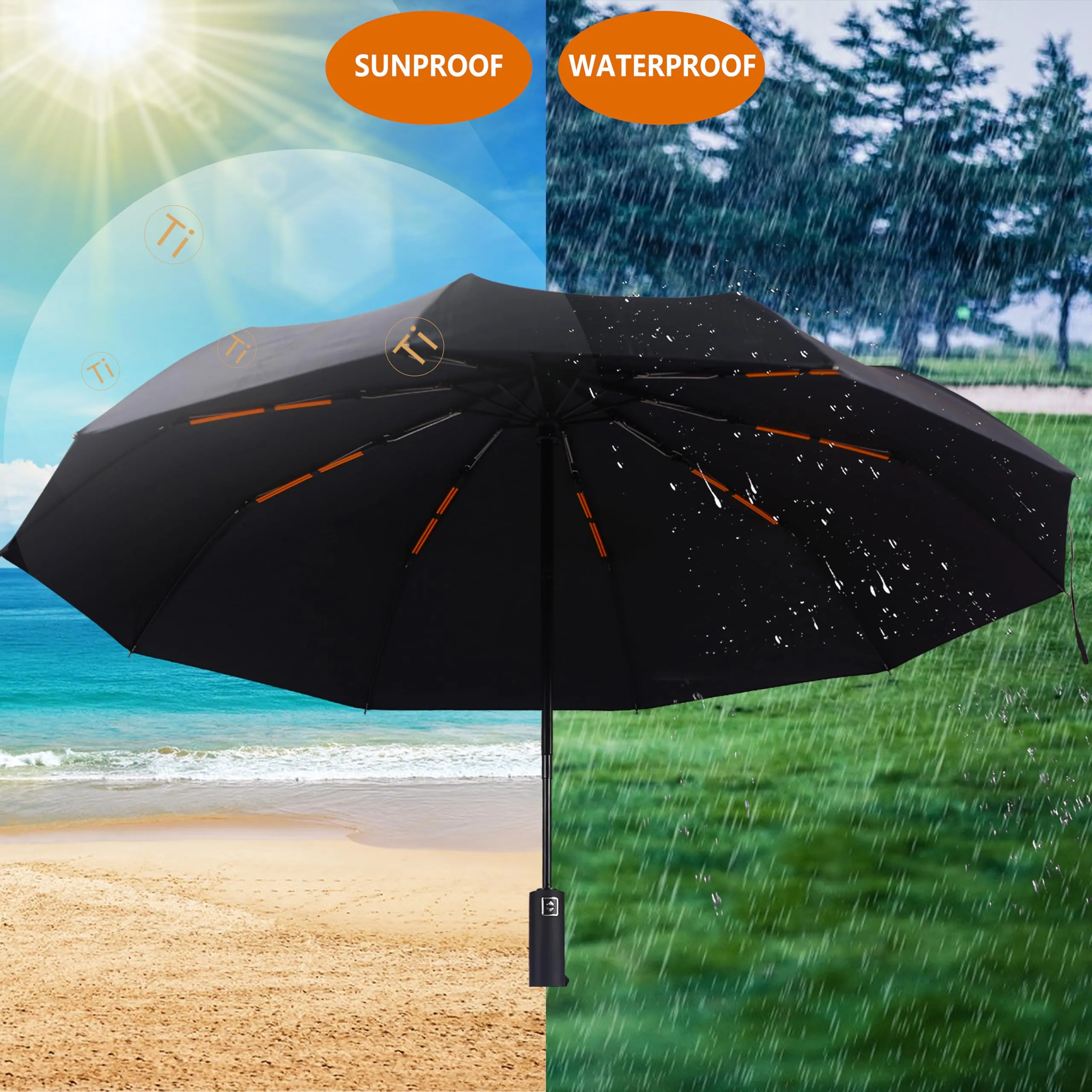 Bluinzi Double 10-Rib Compact Travel Umbrella for Rain and Sun - 46 Inch Small Automatic Folding Umbrella - Sturdy Portable Windproof Umbrella