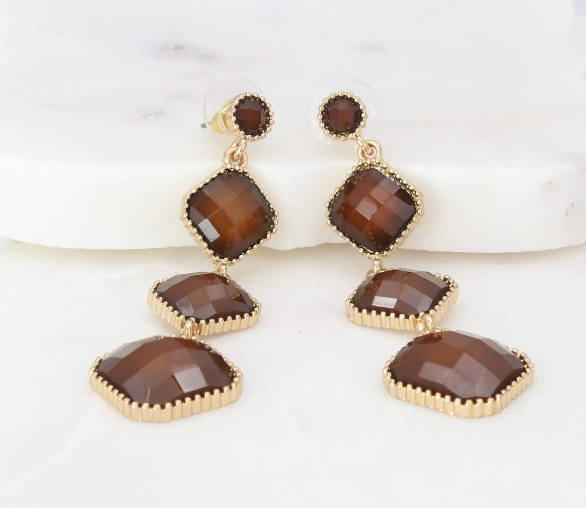 Brown stone quad-element earrings with beaded-gold outline