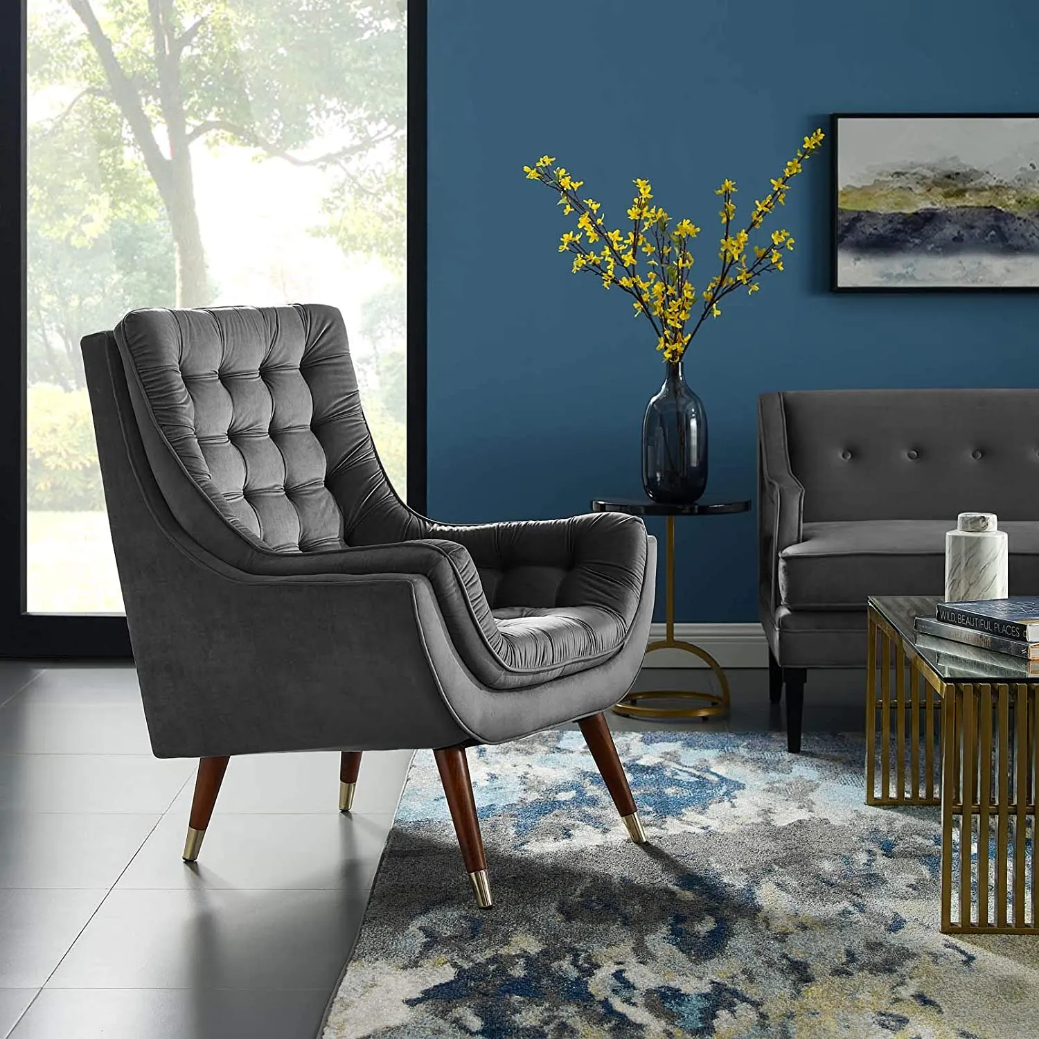 Button Tufted Upholstered Velvet Lounge Chai