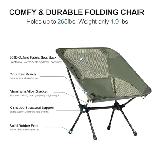 CAMEL CROWN Portable Camping Chair Lightweight Compact Folding Chair Mesh for Outdoor Camp Travel Beach Picnic Festival Hiking Backpacking Black
