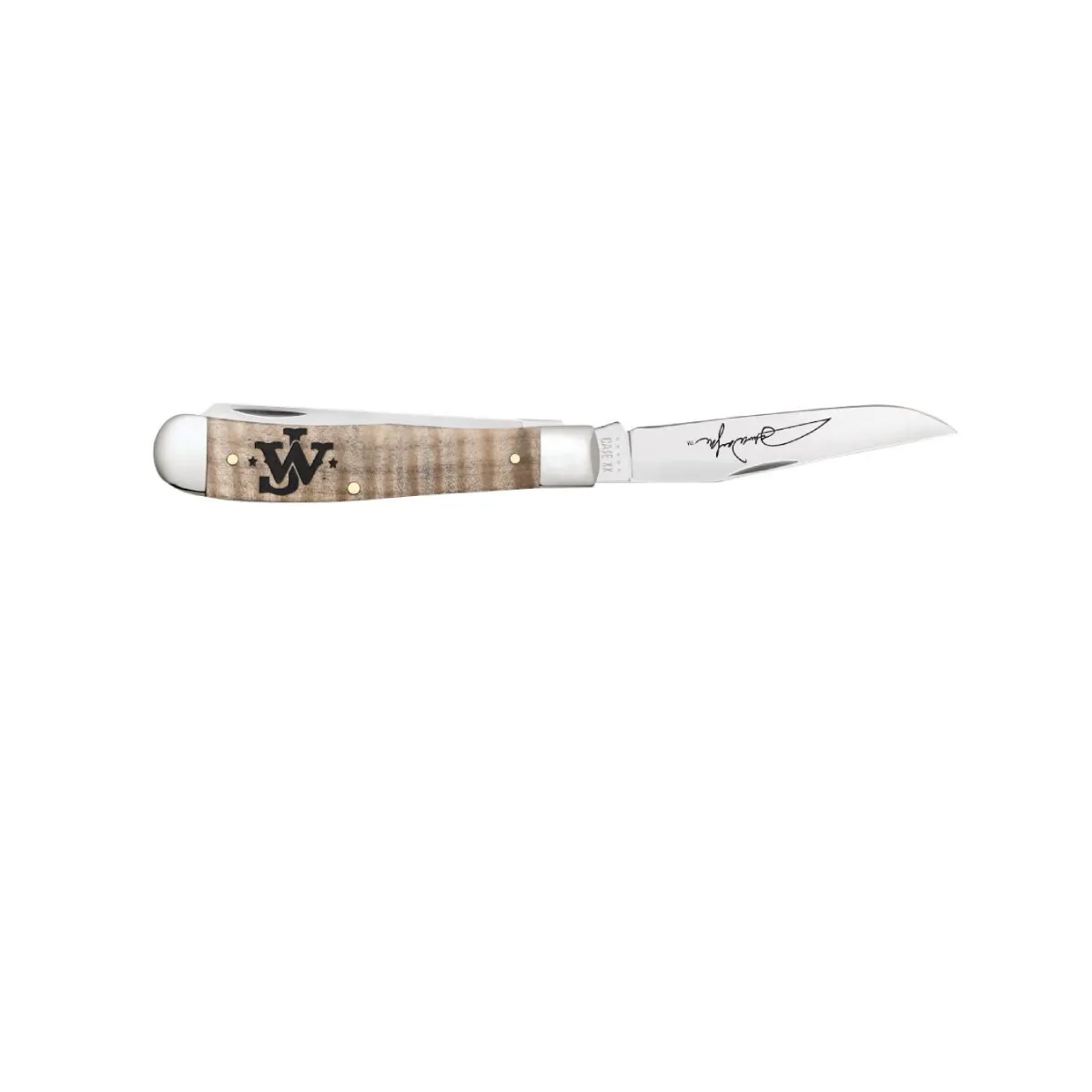 CASE KNIVES JOHN WAYNE EMBELLISHED SMOOTH NATURAL CURLY MAPLE WOOD TRAPPER