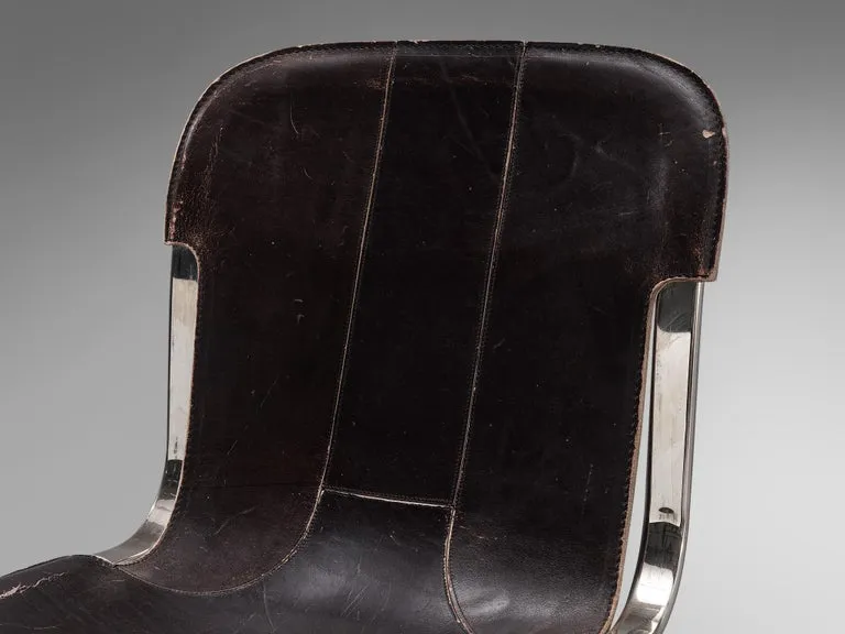 Cidue Set of Four Dining Chairs in Dark Brown Leather and Chrome