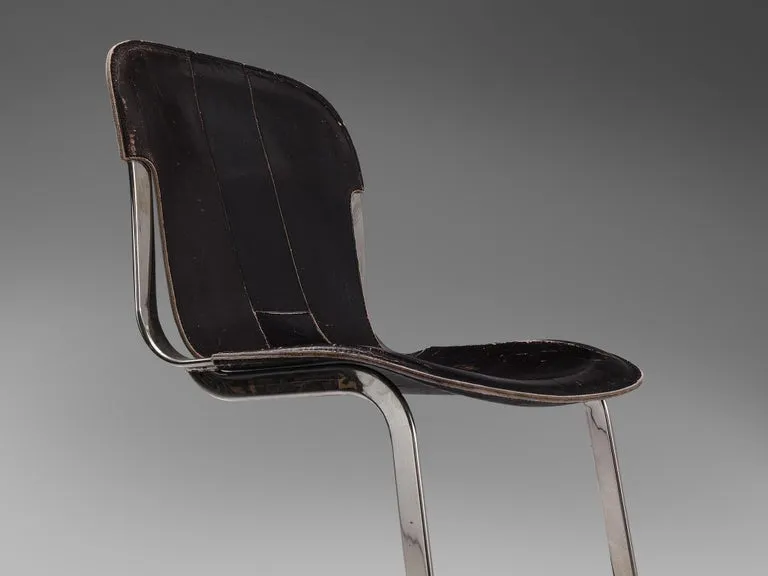 Cidue Set of Four Dining Chairs in Dark Brown Leather and Chrome