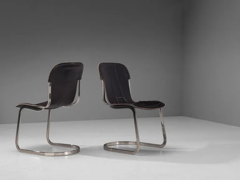 Cidue Set of Four Dining Chairs in Dark Brown Leather and Chrome