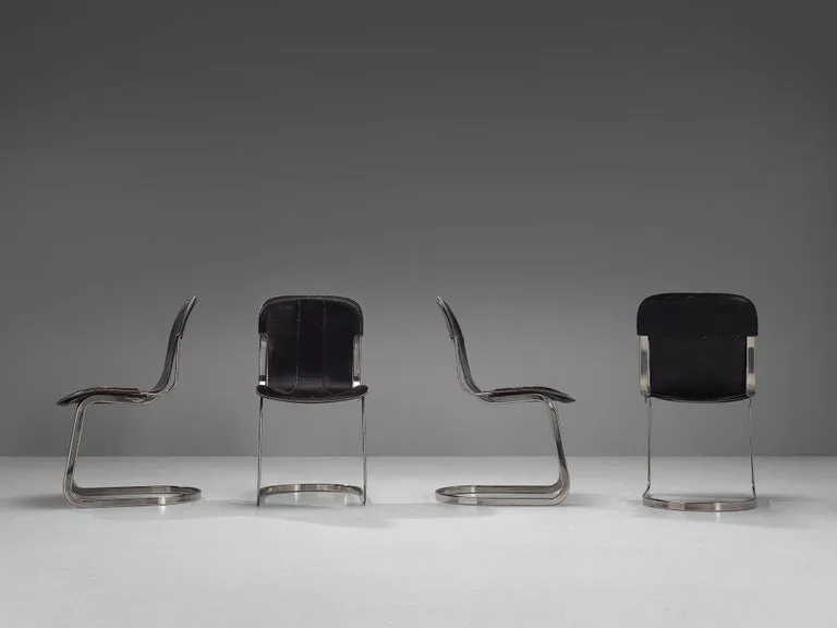 Cidue Set of Four Dining Chairs in Dark Brown Leather and Chrome