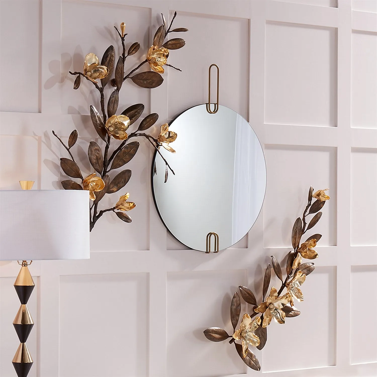 Contemporary Round Mirror w/ Gold Metal Accents