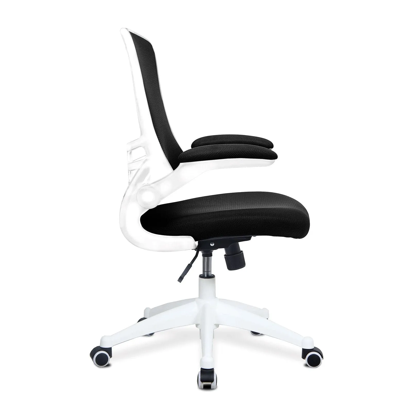 Designer Medium Back Mesh Chair with White Shell and Folding Arms