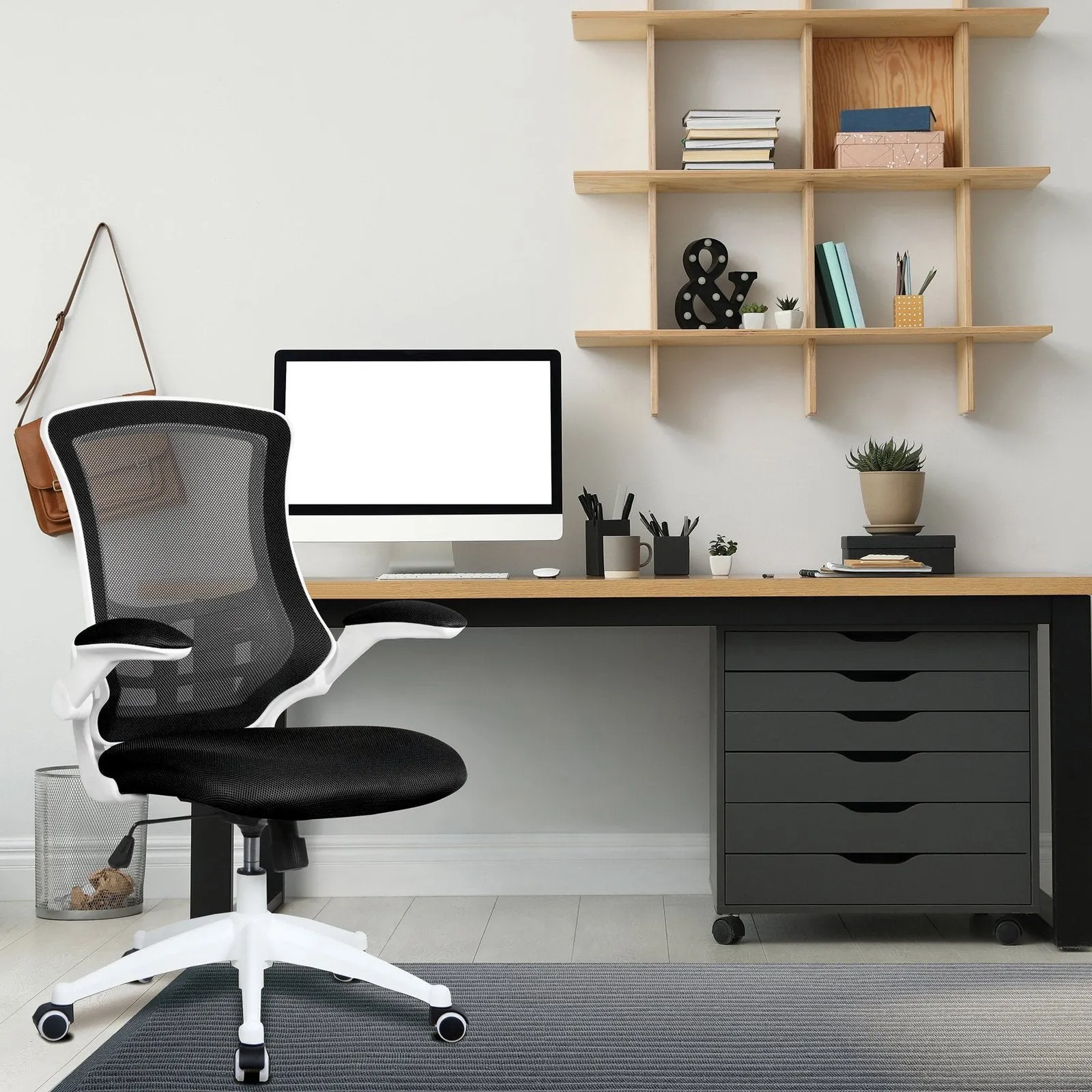 Designer Medium Back Mesh Chair with White Shell and Folding Arms