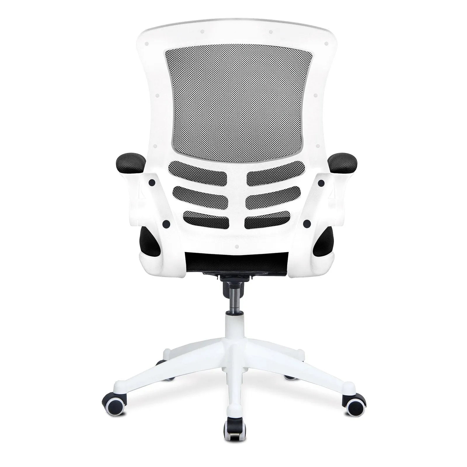 Designer Medium Back Mesh Chair with White Shell and Folding Arms