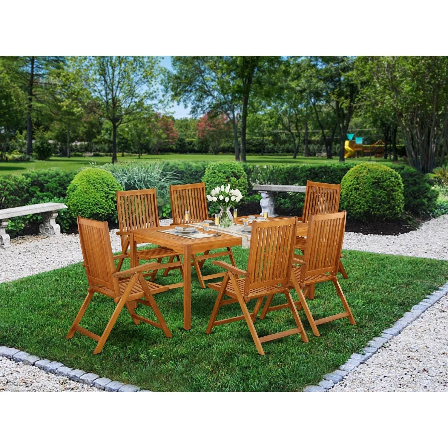 East West Furniture CMCN7NC5N 7 Piece Patio Bistro Dining Furniture Set Consist of a Rectangle Outdoor Acacia Wood Table and 6 Folding Adjustable Arm Chairs, 36x66 Inch, Natural Oil