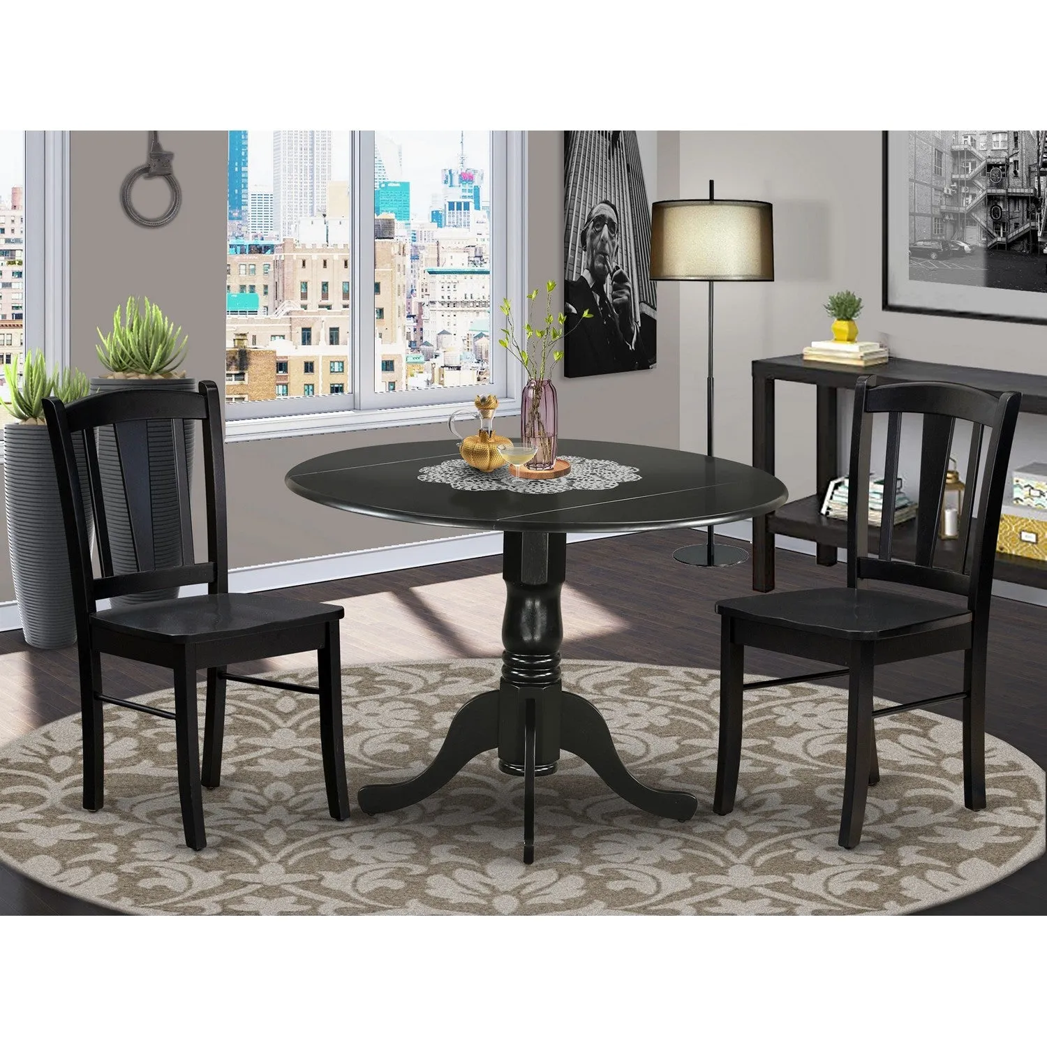 East West Furniture DLDL3-BLK-W 3 Piece Dining Room Furniture Set Contains a Round Kitchen Table with Dropleaf and 2 Dining Chairs, 42x42 Inch, Black