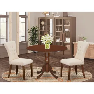 East West Furniture DLGA3-MAH-32 3 Piece Modern Dining Table Set Contains a Round Wooden Table with Dropleaf and 2 Light Beige Linen Fabric Parsons Dining Chairs, 42x42 Inch, Mahogany