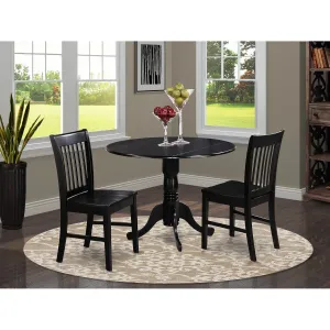 East West Furniture DLNO3-BLK-W 3 Piece Kitchen Table Set for Small Spaces Contains a Round Dining Room Table with Dropleaf and 2 Solid Wood Seat Chairs, 42x42 Inch, Black
